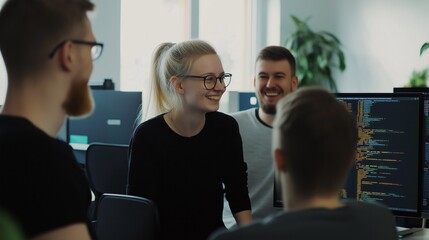 Fototapeta premium In a vibrant tech office, a female computer programmer animatedly discusses coding challenges with her peers, fostering collaboration and creativity. The atmosphere is lively and inspiring