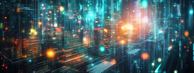 Futuristic cityscape, neon lights, reflective wet streets, cyberpunk atmosphere, urban night scene, glowing skyscrapers, pink and blue color palette, dystopian metropolis, puddles reflecting neon, hig