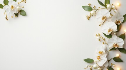 Fototapeta premium A white background with a gold and white flower arrangement