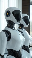 Fototapeta premium The Future is Now: Two humanoid robots with sleek white exteriors and advanced visor technology stand side by side.