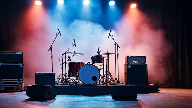 Vibrant stage setup with drum kit, amplifiers, and microphones, surrounded by colorful lights and fog, creating electric atmosphere for unforgettable live performance and concert entertainment