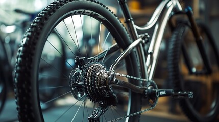 Mountain Bike Rear Wheel Close-up: Detail Shot of Bicycle Parts