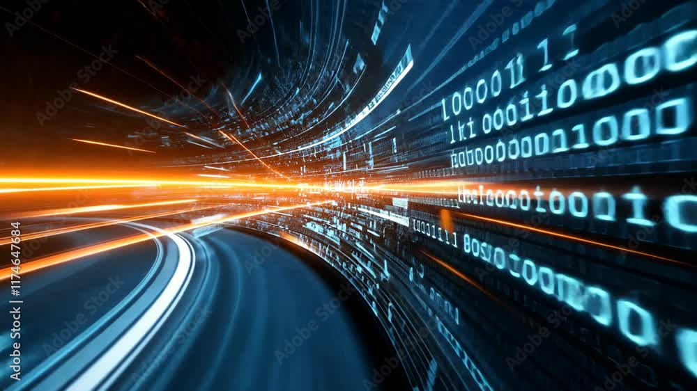 Wall mural data tunnel with light trail gentle floating with bokeh light on dark background, innovation futuris