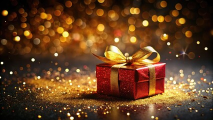 A miniature red gift box, adorned with a golden bow, sparkles against a black background; a tilt-shift holiday dream.