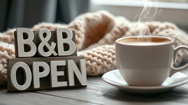 Cozy B&B Invitation: A welcoming still life featuring "B&B OPEN" signage, a steaming coffee cup, and a soft blanket, inviting guests to experience warmth and hospitality.