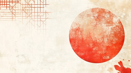 Vintage, Japanese-inspired, abstract background with a large, distressed red circle.