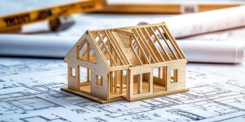 architectural model, miniature house, white cardboard, exposed interior, wooden roof frame, blueprints, desk surface, scale model, architectural design, detailed craftsmanship, cross-section view, res