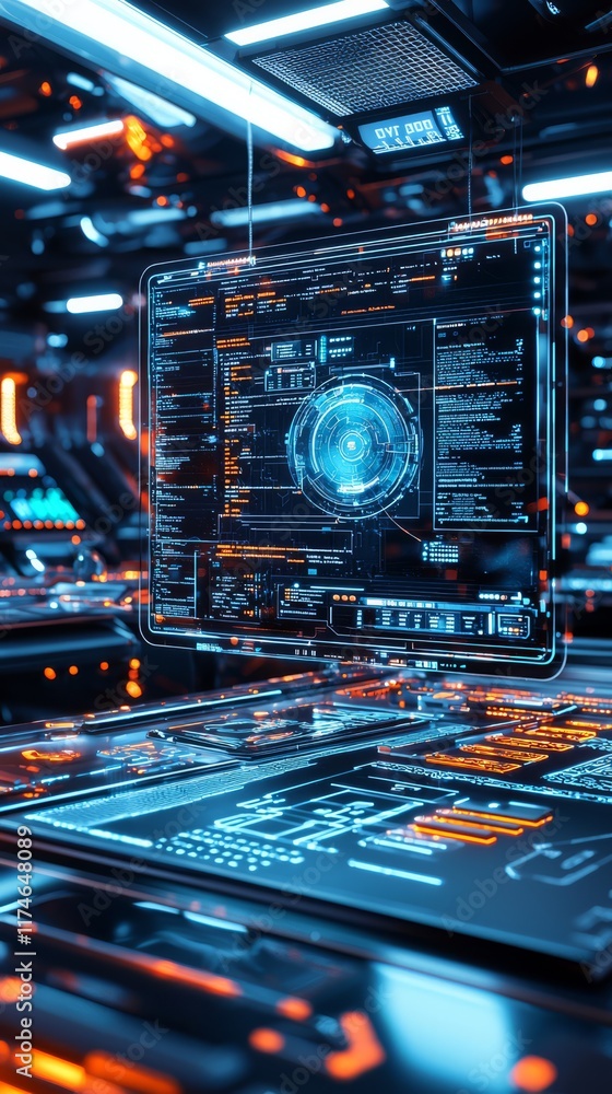 Poster cybernetic command center: futuristic holographic display screen shows complex data streams and code