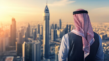 Obraz na płótnie Canvas Arab Man Contemplating Dubai's Skyline at Sunset