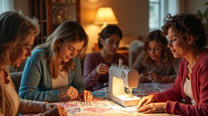 International Women's Day. Women crafting quilts around sewing machine, creative bonding experience