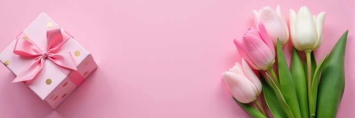 Fototapeta premium Pink gift box with gold polka dots and ribbon with a bouquet of pink and white tulips placed on a pink background. Spring or mothers day concept.