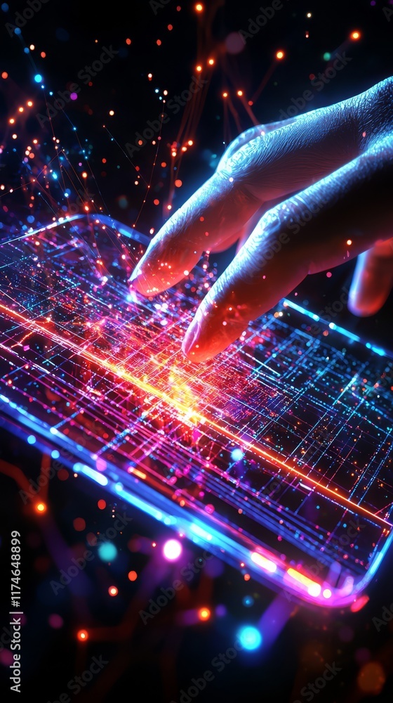 Poster digital touch: a hand interacts with a vibrant, glowing digital interface, creating a mesmerizing di