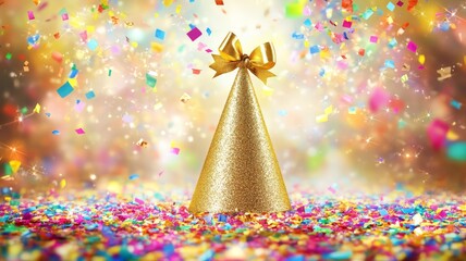 Shiny Gold Party Hat Surrounded by Colorful Confetti
