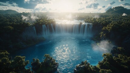 Fototapeta premium Majestic waterfall cascading into a serene pool surrounded by lush tropical rainforest.