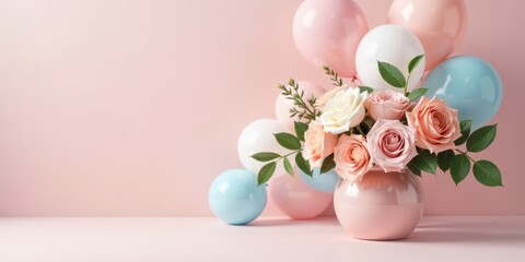 Pastel roses in a delicate vase, adorned by a cluster of pastel-colored balloons, create a charming and festive arrangement.