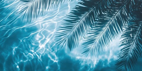 Tropical paradise, turquoise water, palm fronds silhouette, pastel pink and blue hues, dreamy ethereal atmosphere, soft focus, tranquil ocean scene, beach vacation vibes, serene coastal landscape, gen