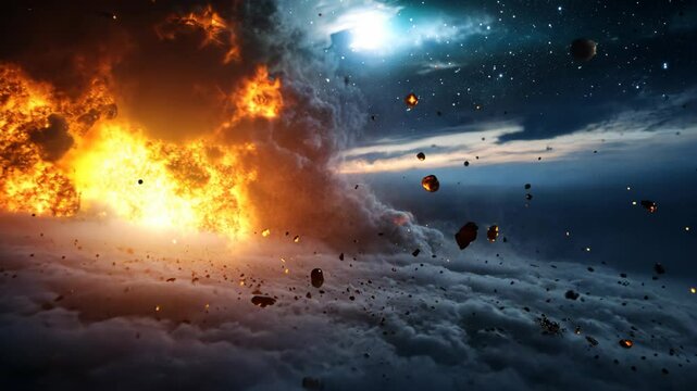 slow motion bomb explode in the middle of air over cloudy sky with fractals fly around 
