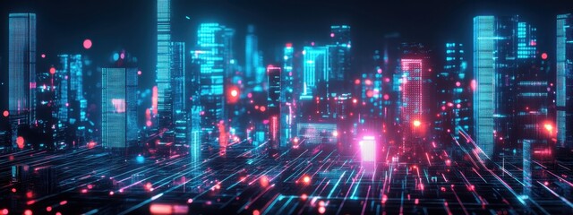 Futuristic cityscape, neon lights, reflective wet streets, cyberpunk atmosphere, urban night scene, glowing skyscrapers, pink and blue color palette, dystopian metropolis, puddles reflecting neon, hig