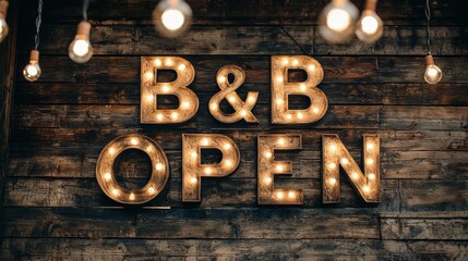 B&B Open Sign: Illuminated marquee letters spelling "B&B OPEN" on a rustic wooden wall, creating a warm and inviting atmosphere
