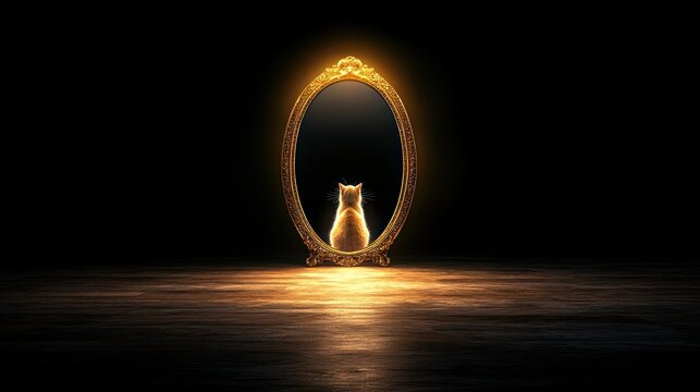 Feline Reflection: Cat gazing at lion's reflection in mirror