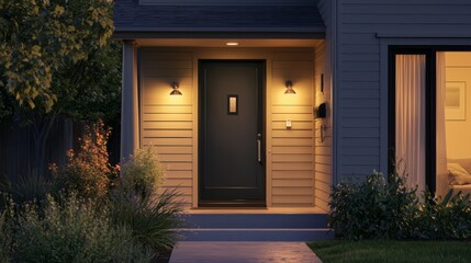 Cozy Home Entrance: A warmly lit front door of a house, exuding an inviting and welcoming ambiance at dusk. The scene showcases the property with focus on the door, side lamps, and outdoor lighting.