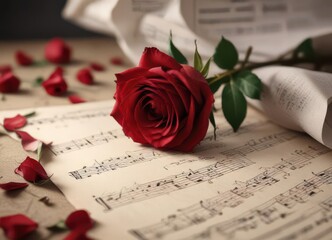 Single red rose rests on sheet music, delicate petals , elegant, close-up