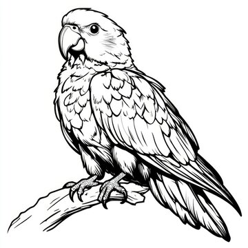 Elegant Line Art Drawing of a Parrot Perched on a Branch