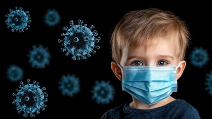 Boy in Medical Mask Fights Viruses Outdoors