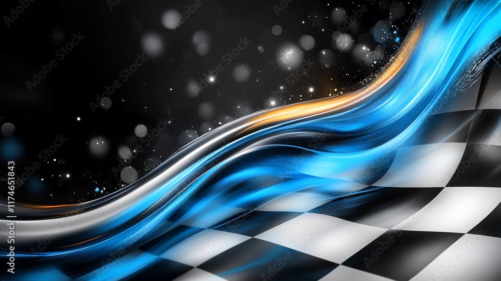 Poster abstract checkered flag design with glowing blue and orange waves.