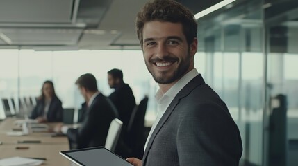 In a sleek, contemporary office filled with natural light, a cheerful young businessman smiles at colleagues, confidently holding a tablet. Engaged discussions unfold nearby