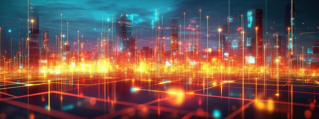 Fototapeta premium Futuristic cityscape, neon lights, reflective wet streets, cyberpunk atmosphere, urban night scene, glowing skyscrapers, pink and blue color palette, dystopian metropolis, puddles reflecting neon, hig