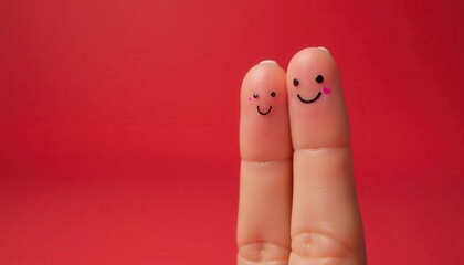 Two fingers with drawn faces and pink hearts against a bright red background representing love, togetherness, affection, and close relationships.