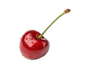 Fresh cherry isolated on a white transparent background, showcasing its vibrant red color and smooth texture in a clean cutout style, perfect for food photography, e-commerce, and marketing visuals