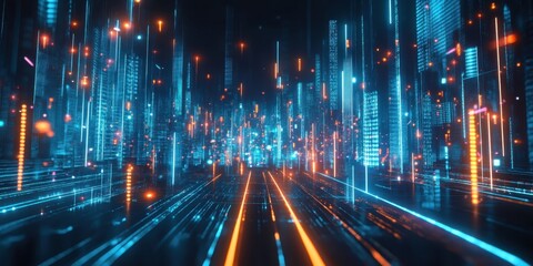 Obraz premium Futuristic cityscape, neon lights, reflective wet streets, cyberpunk atmosphere, urban night scene, glowing skyscrapers, pink and blue color palette, dystopian metropolis, puddles reflecting neon, hig