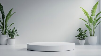 Modern Minimalist Interior with Round Platform Surrounded by Lush Green Plants in Bright Light