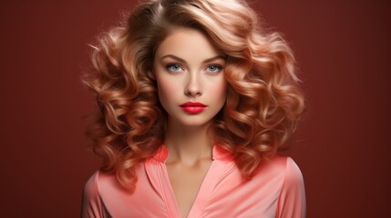 Fototapeta premium Stunning Blonde Woman with Curly Hair and Red Lips. Beautiful and Elegant Model Posing against Red Background. Fashion and Beauty Concept.
