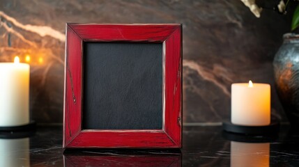 A red-framed empty picture frame on a dark surface with candles in the background.