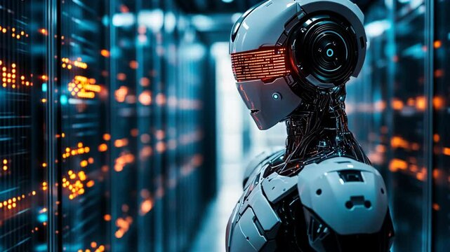 an Ai robot with digital screen, Artificial intelligence caution and risk, AI risk concept, consumer privacy, biased programming,