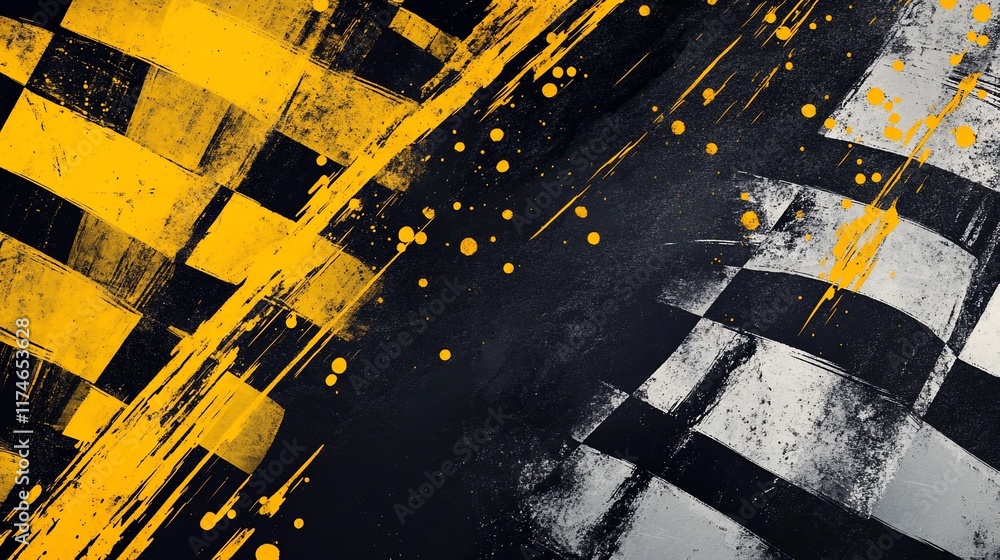 Poster Abstract checkered flag with paint splatters and brush strokes.