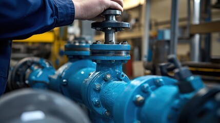 A man is working on a blue pipe with a blue cap