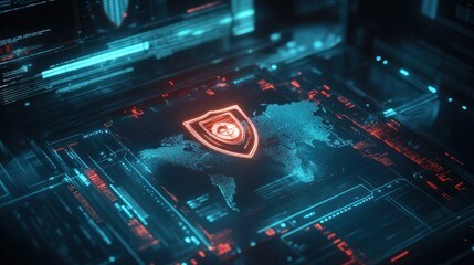 Obraz premium A digital interface displaying a world map with a shield symbol, emphasizing cybersecurity.