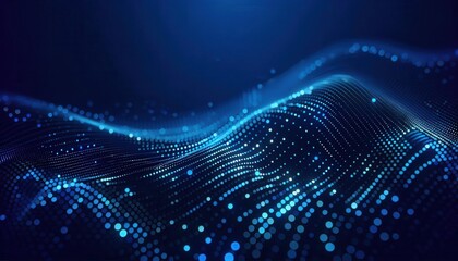 A macro view of flat pixels in minimal rows of luminous blue dots fading into a large solid navy blue background