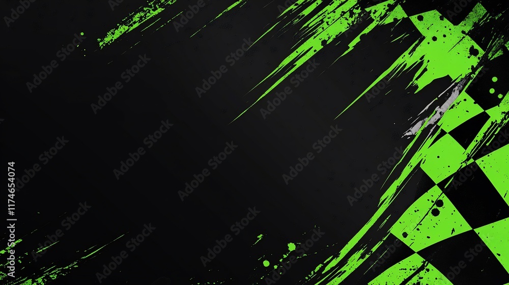 Poster abstract checkered flag with green paint splatters on black background.