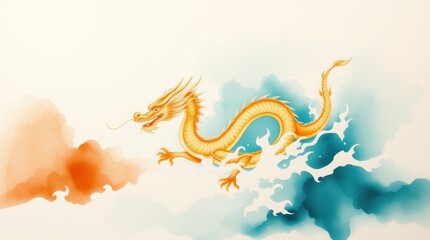 Obraz premium Golden dragon soaring through clouds; Asian art design; website banner.