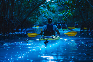 Kayaking Through Glowing Waters in a Lush Tropical Rainforest