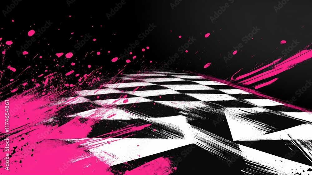 Poster abstract checkered racing background with vibrant pink splashes.
