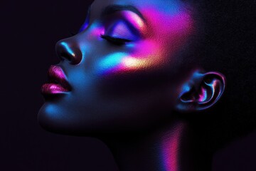Close-up portrait of a woman with iridescent makeup, eyes closed, head tilted.  Dark background enhances the vibrant colors. © Kristina