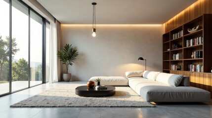 Modern minimalist living room design with expansive window views and built-in shelving
