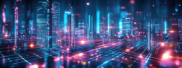 Fototapeta premium Futuristic cityscape, neon lights, reflective wet streets, cyberpunk atmosphere, urban night scene, glowing skyscrapers, pink and blue color palette, dystopian metropolis, puddles reflecting neon, hig