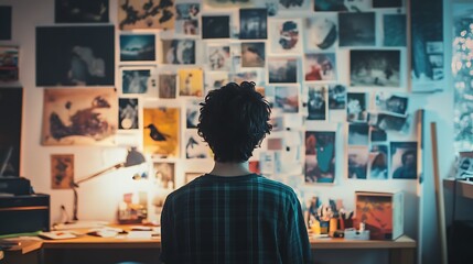 A person reviewing their vision board on a wall, filled with images and quotes related to personal growth and goal achievement, with a calm atmosphere in the room.